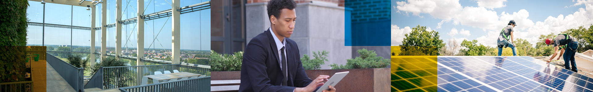 Composite image showing a modern building, a person reading from a tablet and builders installing solar panels